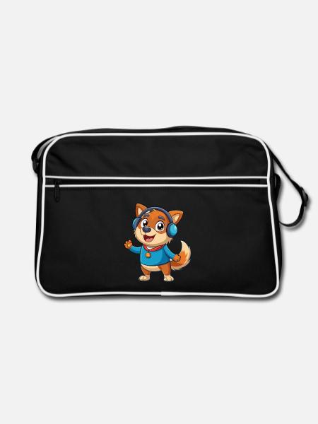 Hund Lustige Zeichentrickfigur Kopfhörer Musik - Retro Tasche - Schwarz/Weiß - Vorne
