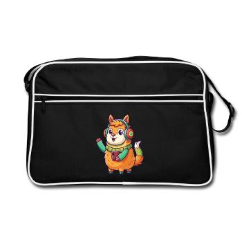 Lama Lustige Zeichentrickfigur Kopfhörer Musik - Retro Tasche - Schwarz/Weiß - Vorne