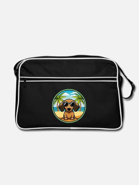 Miniatur Dackel Hund Rasse Cartoon Sonnenbrille - Retro Tasche - Schwarz/Weiß - Vorne