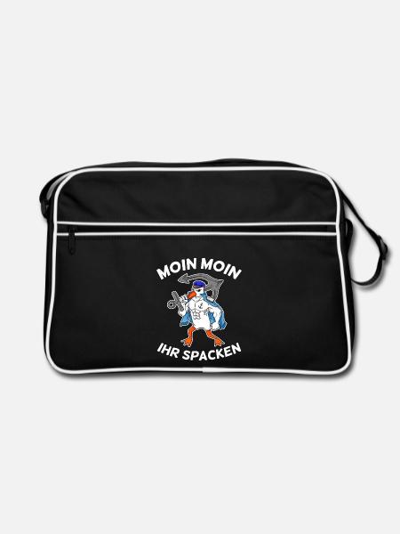 Moin Moin ihr spacken Möwe Nordsee Ostsee Norden - Retro Tasche - Schwarz/Weiß - Vorne