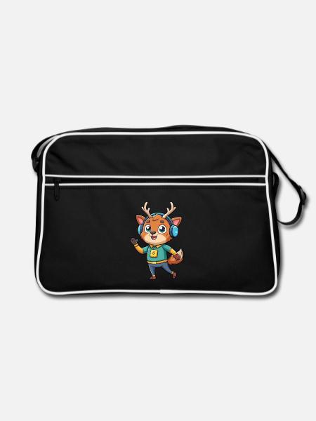 Hirsch Lustige Cartoon Figur Kopfhörer Musik - Retro Tasche - Schwarz/Weiß - Vorne