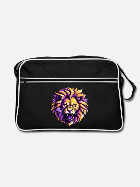 Wilder Löwe in Lila und Gelb - Retro Tasche - Schwarz/Weiß