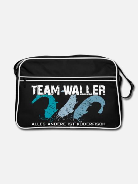 Wels angeln Waller fischen Team Waller - Retro Tasche - Schwarz/Weiß - Vorne