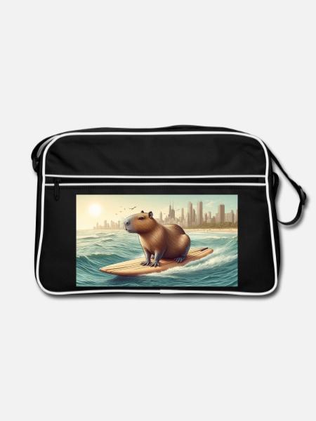 Surfendes Wasserschwein - Retro Tasche - Schwarz/Weiß