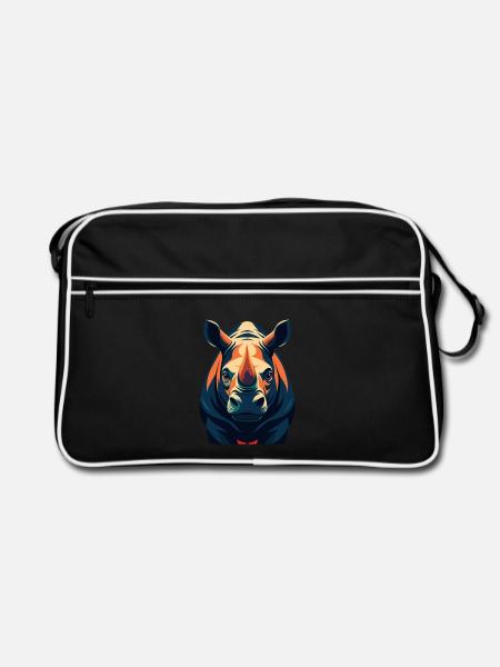 Nashorn Zeichentrickfigur Buntes Haustier Tier - Retro Tasche - Schwarz/Weiß - Vorne