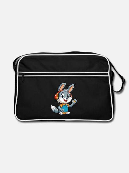 Kaninchen Lustige Cartoon Figur Kopfhörer Musik - Retro Tasche - Schwarz/Weiß - Vorne