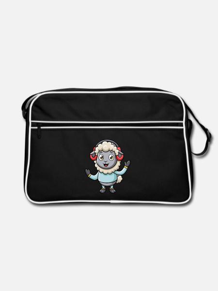 Schaf Lustige Zeichentrickfigur Kopfhörer Musik - Retro Tasche - Schwarz/Weiß - Vorne