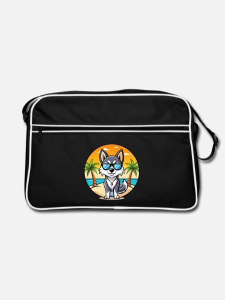 Alaskan Klee Kai Hunderasse Cartoon Sonnenbrille Strand - Retro Tasche - Schwarz/Weiß - Vorne