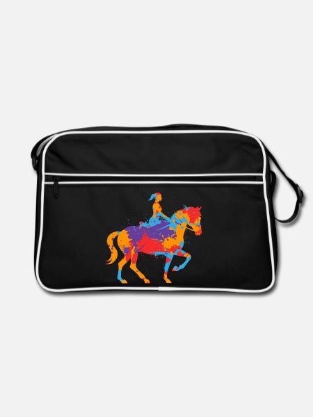 Pferd reiten bunter Reiter Mädchen Pferde - Retro Tasche - Schwarz/Weiß