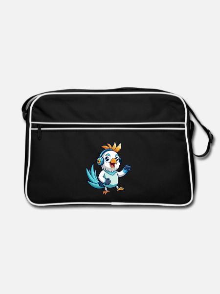 Kakadu Lustige Zeichentrickfigur Kopfhörer Musik - Retro Tasche - Schwarz/Weiß - Vorne