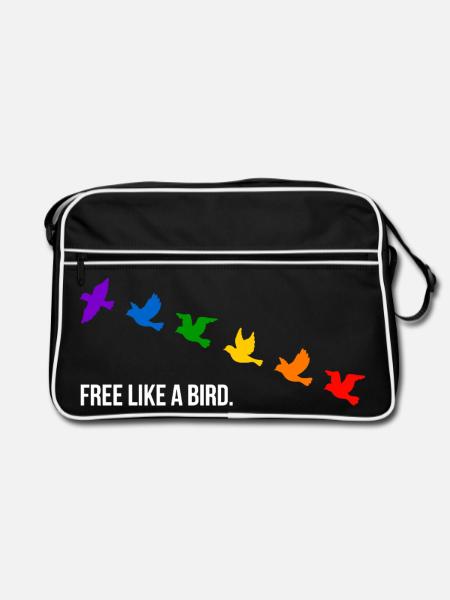Free like a bird, in Regenbogenfarben - Weiß - Retro Tasche - Schwarz/Weiß