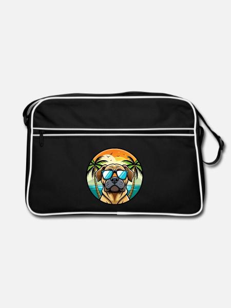 Englische Dogge Hund Rasse Cartoon Sonnenbrille Strand - Retro Tasche - Schwarz/Weiß - Vorne
