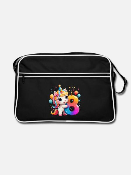NUMMER 8 JAHRE EINHORN 8. GEBURTSTAG - Retro Tasche - Schwarz/Weiß - Vorne