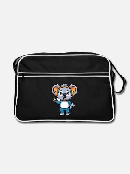 Koala Lustige Cartoon Figur Kopfhörer Musik - Retro Tasche - Schwarz/Weiß - Vorne