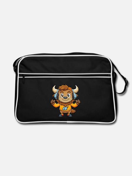 Bison Lustige Zeichentrickfigur Kopfhörer Musik - Retro Tasche - Schwarz/Weiß - Vorne