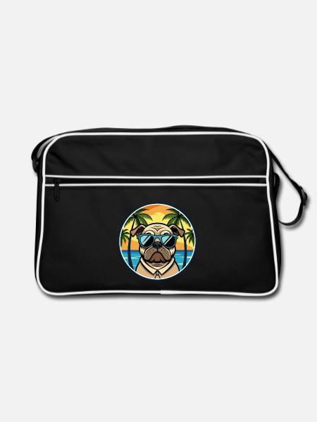 Mops Hund Rasse Cartoon Sonnenbrille Strand - Retro Tasche - Schwarz/Weiß - Vorne