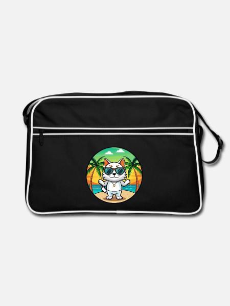Japanische Bobtail Katzenrasse Cartoon Sonnenbrille Strand - Retro Tasche - Schwarz/Weiß - Vorne