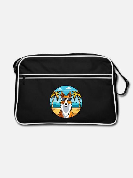 Smooth Collie Hunderasse Cartoon Sonnenbrille Strand - Retro Tasche - Schwarz/Weiß - Vorne