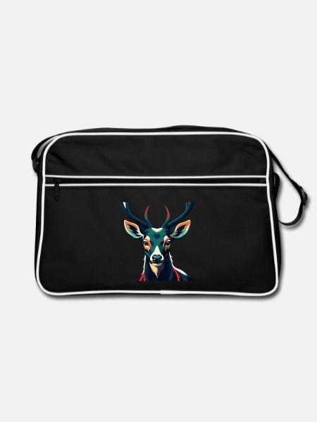Hirsch Zeichentrickfigur Buntes Haustier Tier - Retro Tasche - Schwarz/Weiß - Vorne