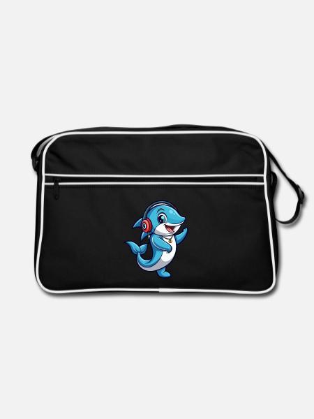 Delfin Lustige Zeichentrickfigur Kopfhörer Musik - Retro Tasche - Schwarz/Weiß - Vorne