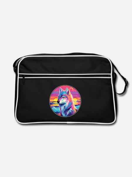 Arktischer Wolf Bunte Aquarell-Karikatur Kawaii Haustier - Retro Tasche - Schwarz/Weiß