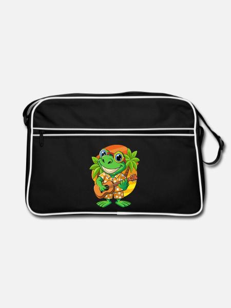 Lustiger Frosch Cartoon Sommer Strand Sonnenbrille Gitarre - Retro Tasche - Schwarz/Weiß - Vorne