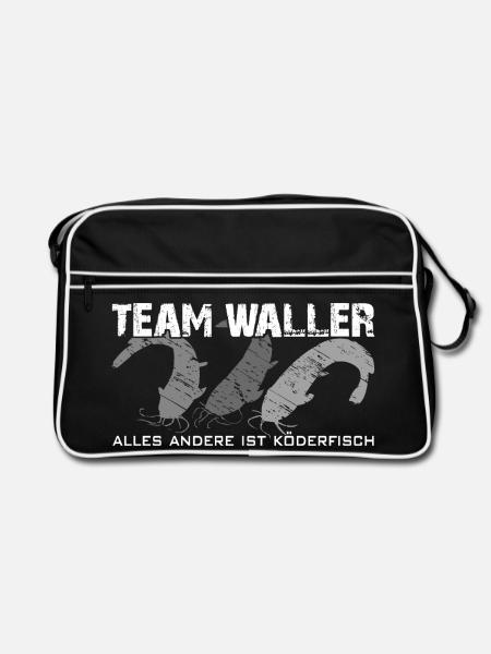 Wels angeln Waller fischen Team Waller - Retro Tasche - Schwarz/Weiß - Vorne