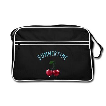 Summertime - Kirschen mit hellblauem Schriftzug - Retro Tasche - Schwarz/Weiß - Vorne