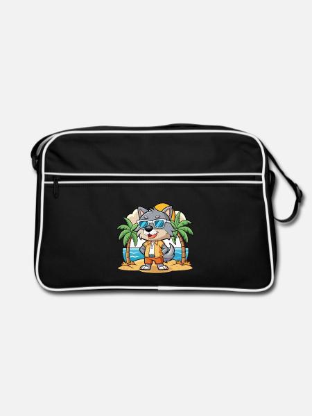 Wolf Lustige Cartoon Sommer Strand Sonnenbrille - Retro Tasche - Schwarz/Weiß - Vorne
