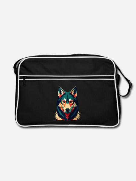 Wolf Cartoon Figur Buntes Haustier Tier - Retro Tasche - Schwarz/Weiß - Vorne