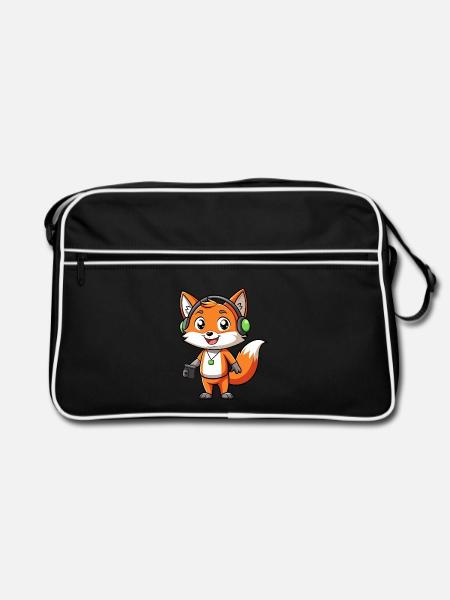 Fuchs Lustige Zeichentrickfigur Kopfhörer Musik - Retro Tasche - Schwarz/Weiß - Vorne