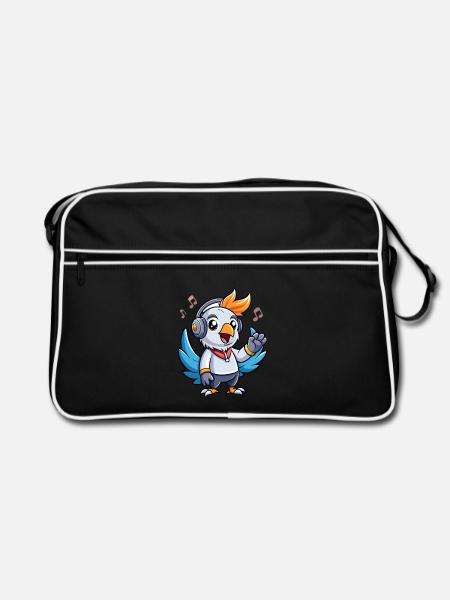 Kakadu Lustige Zeichentrickfigur Kopfhörer Musik - Retro Tasche - Schwarz/Weiß - Vorne