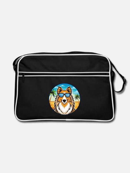 Rough Collie Hunderasse Cartoon Sonnenbrille Strand - Retro Tasche - Schwarz/Weiß - Vorne