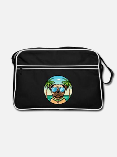 Mops Hund Rasse Cartoon Sonnenbrille Strand - Retro Tasche - Schwarz/Weiß - Vorne
