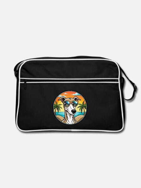 Polnischer Windhund Hund Rasse Cartoon Sonnenbrille Strand - Retro Tasche - Schwarz/Weiß - Vorne