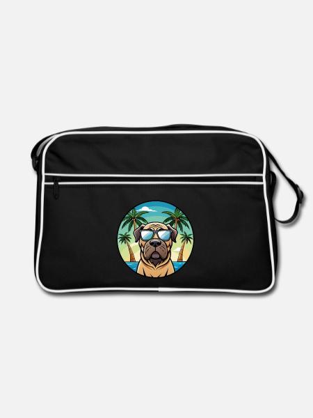 Englische Dogge Hund Rasse Cartoon Sonnenbrille Strand - Retro Tasche - Schwarz/Weiß - Vorne