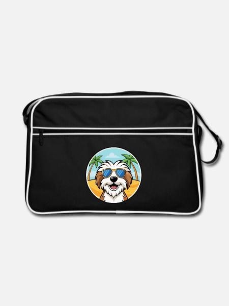 Tibet Terrier Hund Rasse Cartoon Sonnenbrille Strand - Retro Tasche - Schwarz/Weiß - Vorne
