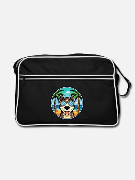 Sibirische Trikolore Hunderasse Cartoon Beach - Retro Tasche - Schwarz/Weiß - Vorne