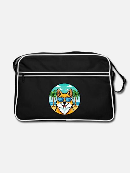 Deutscher Spitz Hund Rasse Cartoon Sonnenbrille Strand - Retro Tasche - Schwarz/Weiß - Vorne