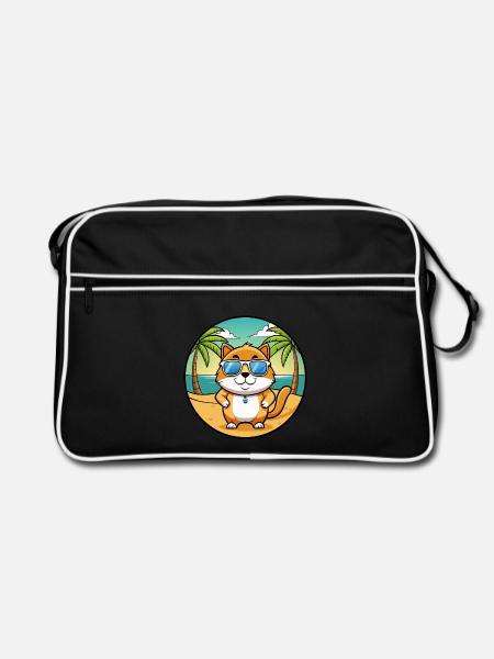 Hosico Katzenrasse Cartoon Sonnenbrille Strand - Retro Tasche - Schwarz/Weiß - Vorne