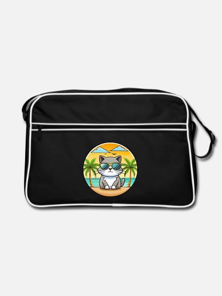 Britisch Kurzhaar Katzenrasse Cartoon Sonnenbrille Strand - Retro Tasche - Schwarz/Weiß