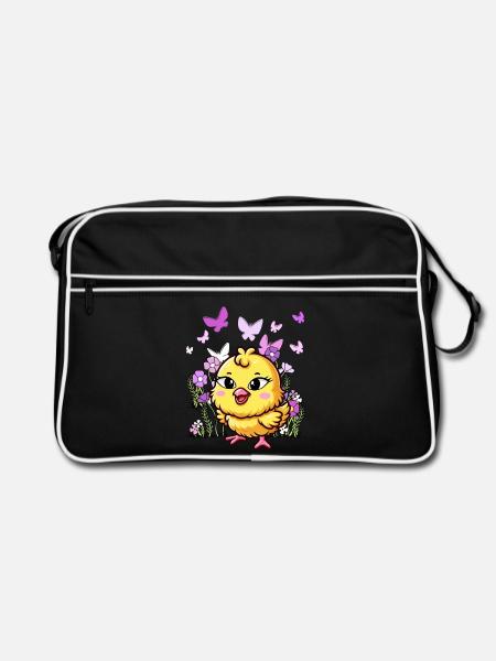 Küken Ostern Kind Kinder - Retro Tasche - Schwarz/Weiß - Vorne