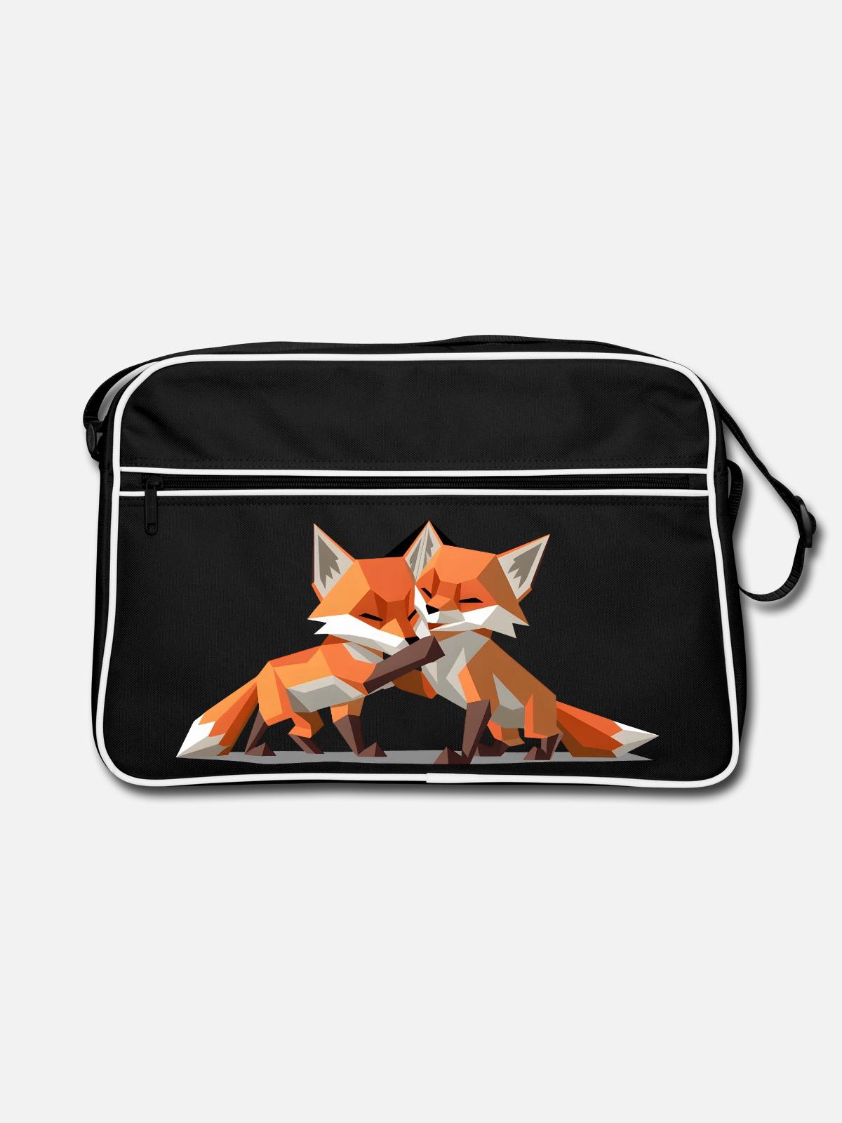 Low-poly Fox Cubs - Retro Bag - black/white - Front