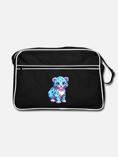 Schneeleopard Bunte Aquarell-Karikatur Kawaii An - Retro Tasche - Schwarz/Weiß