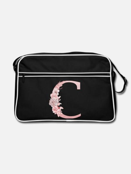 Buchstabe C Rosa Blumen - Retro Tasche - Schwarz/Weiß