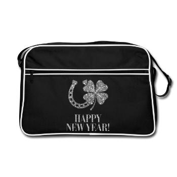Happy New Year Silvester Kleeblatt Hufeisen  - Retro Tasche - Schwarz/Weiß - Vorne