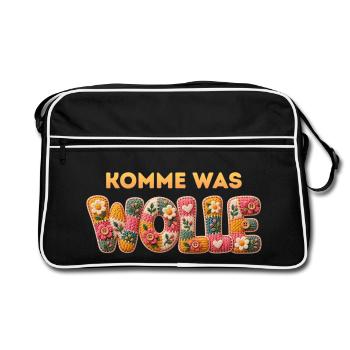 Komme was WOLLE Patchbuchstaben Wolle und Blumen - Retro Tasche - Schwarz/Weiß - Vorne