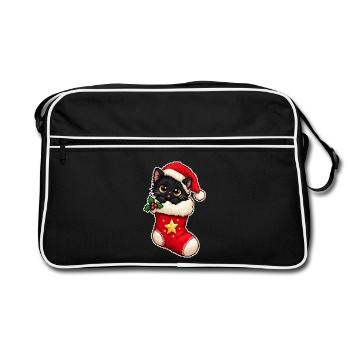 Schwarzes Weihnachtskätzchen in einer Pixel-Art-Socke - Retro Tasche - Schwarz/Weiß - Vorne