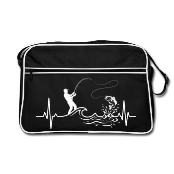 Angeln Heartbeat EKG Fisherman Vintage Tee - Retro Tasche - Schwarz/Weiß - Vorne