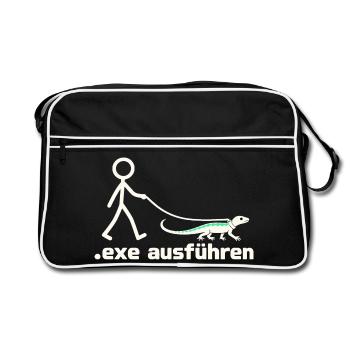 exe ausführen – Eidechse am Strichmännchen - Retro Tasche - Schwarz/Weiß - Vorne